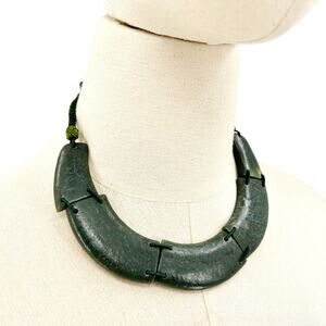 Antique Chinese Jade Dark Green Carved Dragon Clasp Collar Necklace